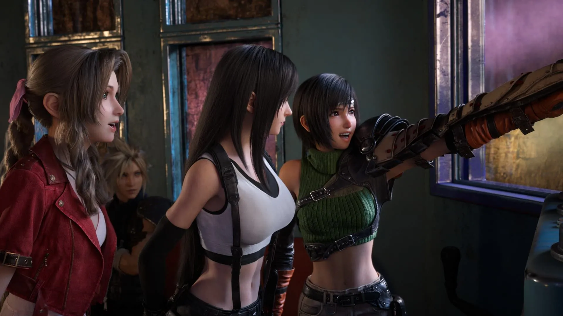 Aerith, Tifa, Yuffie, và Cloud trong Final Fantasy VII Rebirth, tái hiện cảnh quan thế giới Gold Saucer với đồ họa thế hệ mới.