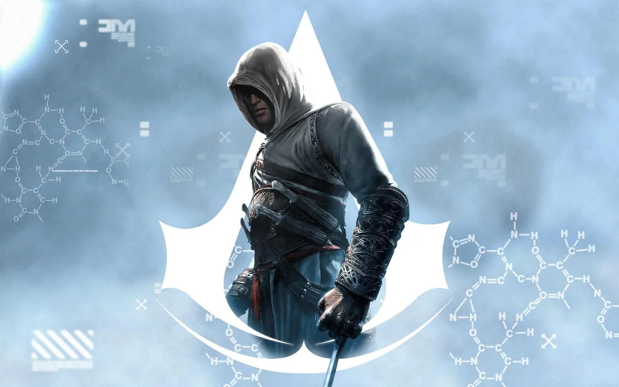 Altair Ibn-La'Ahad, nhân vật chính của phiên bản Assassin's Creed đầu tiên, trên một mái nhà nhìn xuống thành phố cổ