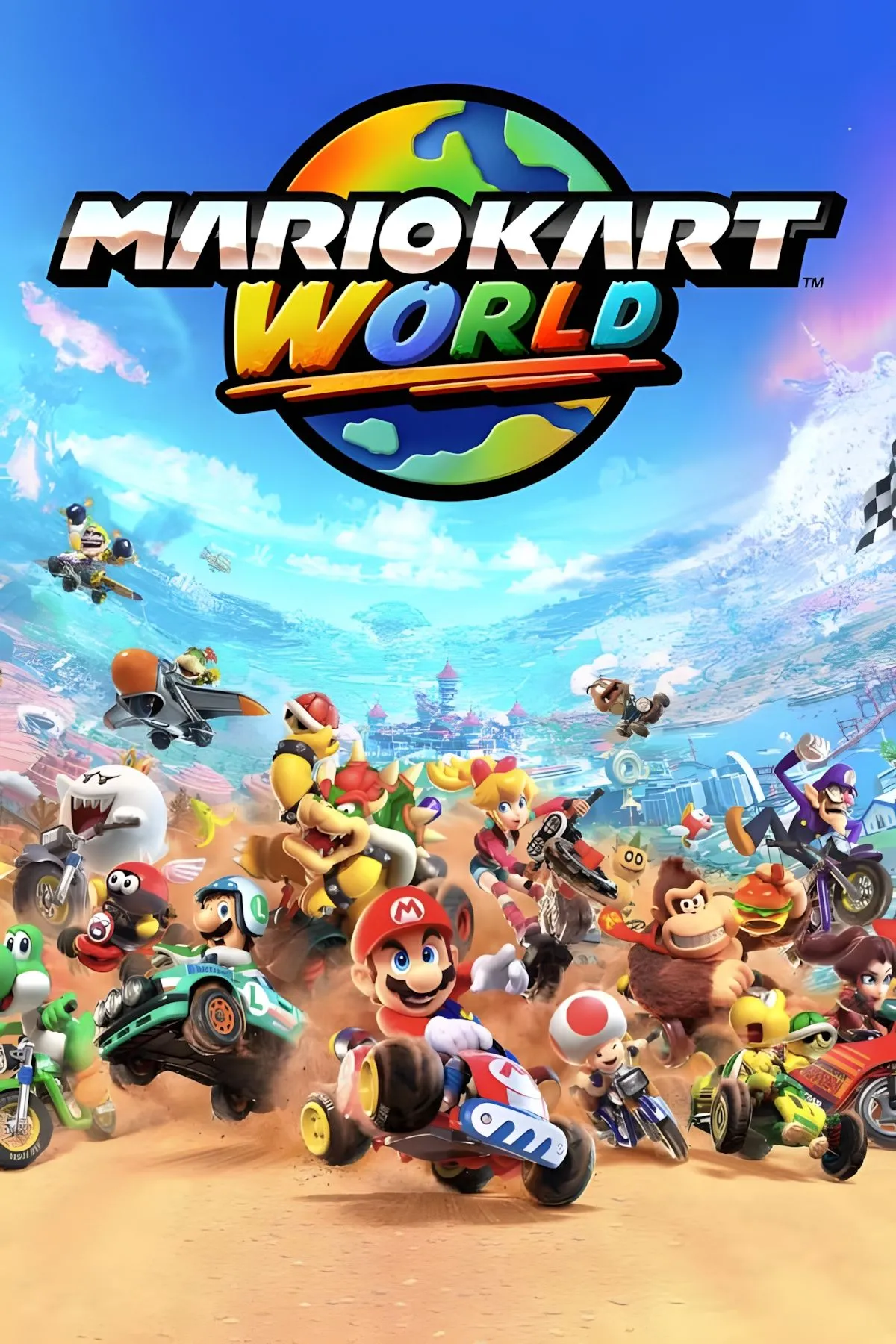Ảnh bìa chính thức của game Mario Kart World, nhấn mạnh phong cách thế giới mở và các nhân vật biểu tượng.