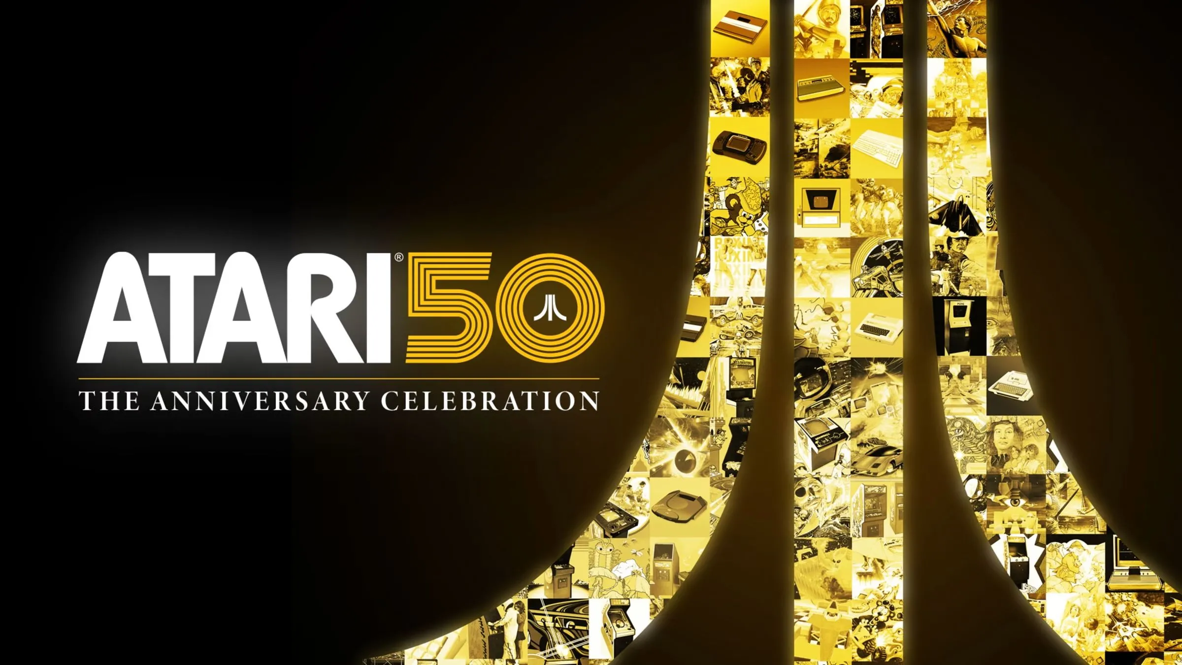 Ảnh bìa của Atari 50: The Anniversary Celebration, thể hiện sự đa dạng các tựa game arcade và console của Atari.