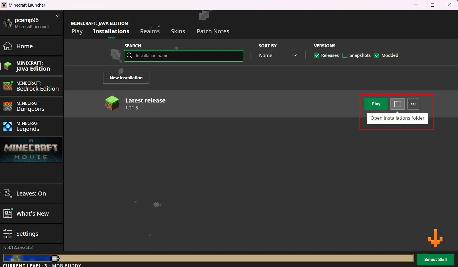 Ảnh chụp màn hình chi tiết vị trí thư mục cài đặt game Minecraft trong ứng dụng khởi chạy (launcher).