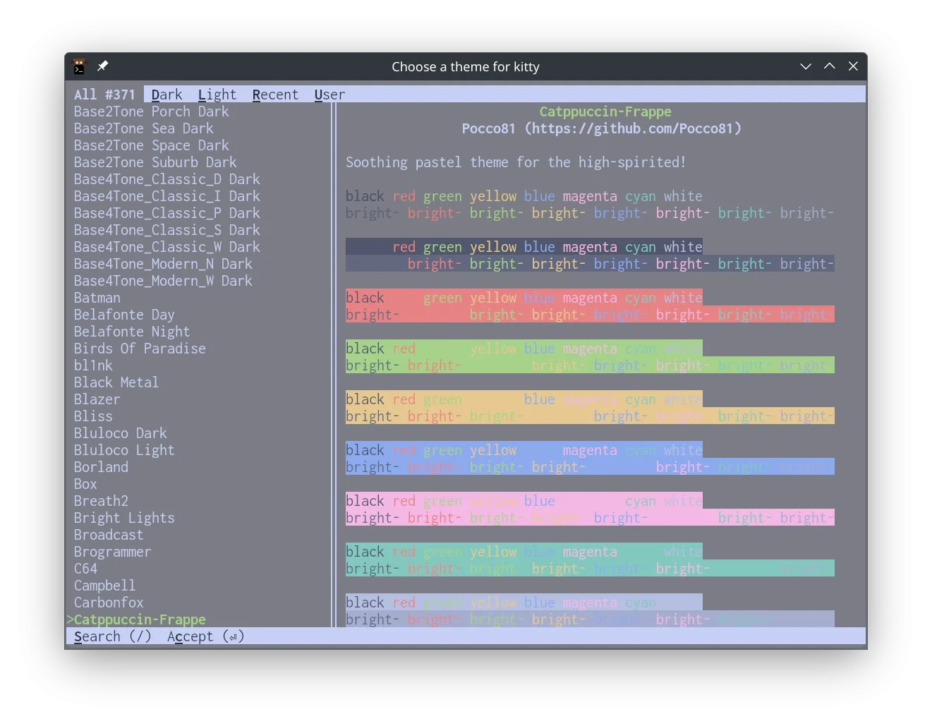 Ảnh chụp màn hình của việc chọn một chủ đề cho Kitty terminal