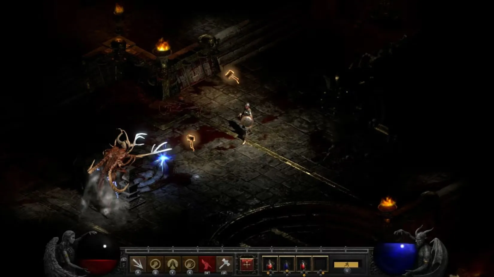 Ảnh chụp màn hình Diablo II: Resurrected trên Nintendo Switch, cho phép người chơi chuyển đổi giữa đồ họa mới và đồ họa gốc.
