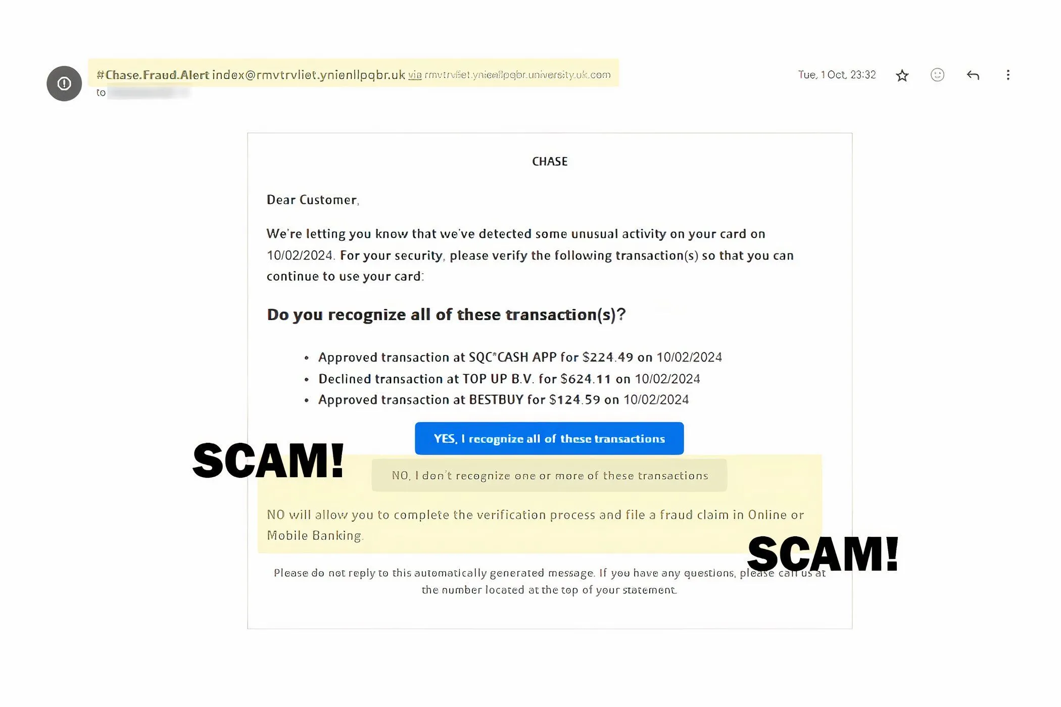 Ảnh chụp màn hình email lừa đảo mạo danh ngân hàng Chase, làm nổi bật địa chỉ email giả mạo.