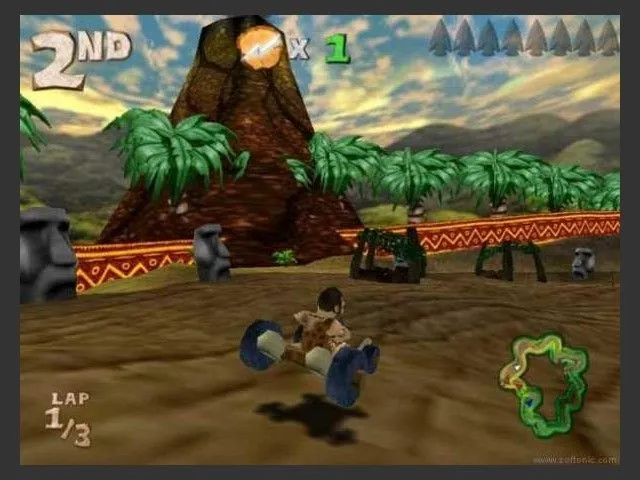 Ảnh chụp màn hình game Cro-Mag Rally, mô tả một cuộc đua xe kart với các nhân vật và phương tiện theo phong cách tiền sử, trên đường đua địa hình đầy chướng ngại vật và power-up.