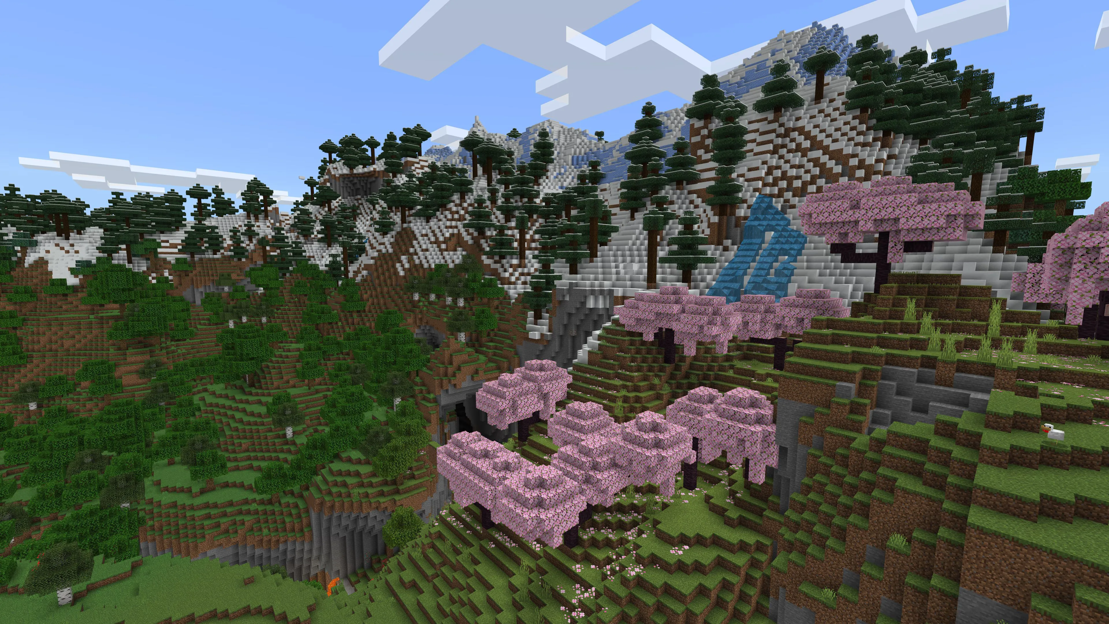 Ảnh chụp màn hình quảng cáo chính thức từ game Minecraft, thể hiện cảnh quan đa dạng với nhiều quần xã sinh vật.