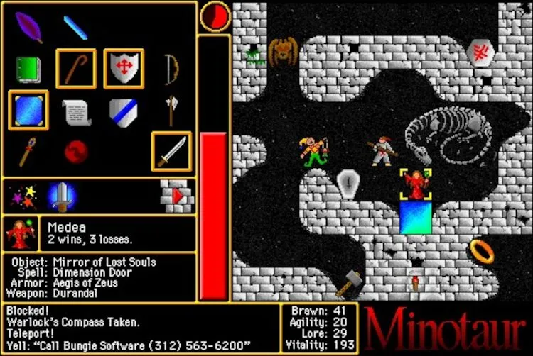 Ảnh chụp màn hình thể hiện chế độ nhiều người chơi trong game Minotaur: The Labyrinths of Crete, một game nhập vai độc đáo của Bungie trên Mac OS.