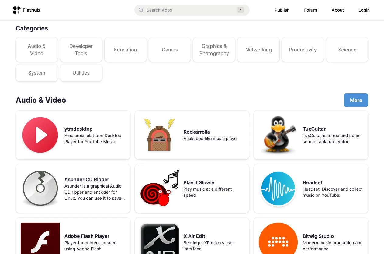 Ảnh chụp màn hình trang web Flathub, một nền tảng phân phối ứng dụng cho Linux, nơi bạn có thể tìm kiếm các phần mềm tương thích khi chuyển từ Windows sang hệ điều hành mã nguồn mở này.