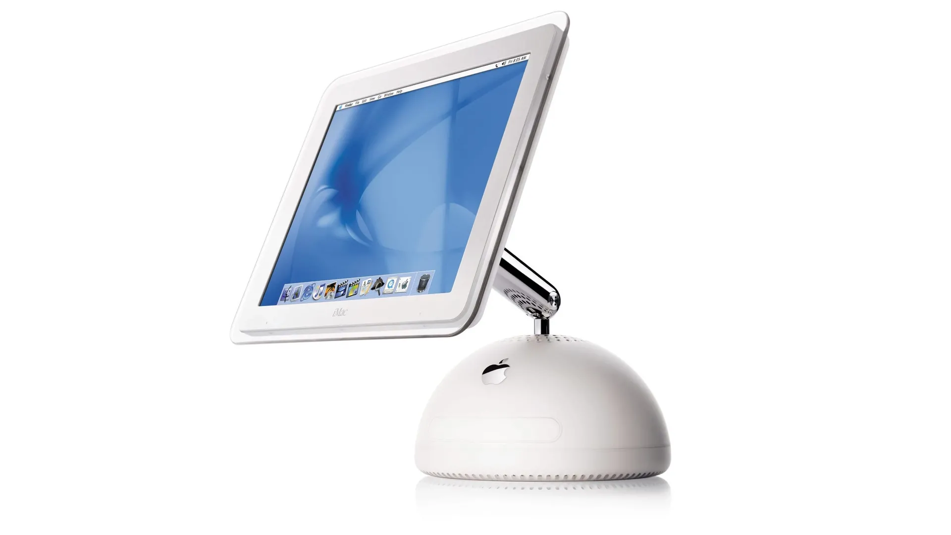 Apple iMac G4 với thiết kế màn hình phẳng trên chân đế linh hoạt, biểu tượng của sự đổi mới trong thiết kế máy tính.