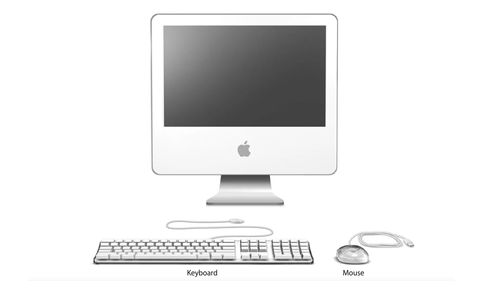 Apple iMac G5 màu trắng đặt trên nền trắng, thể hiện thiết kế all-in-one lấy cảm hứng từ iPod.