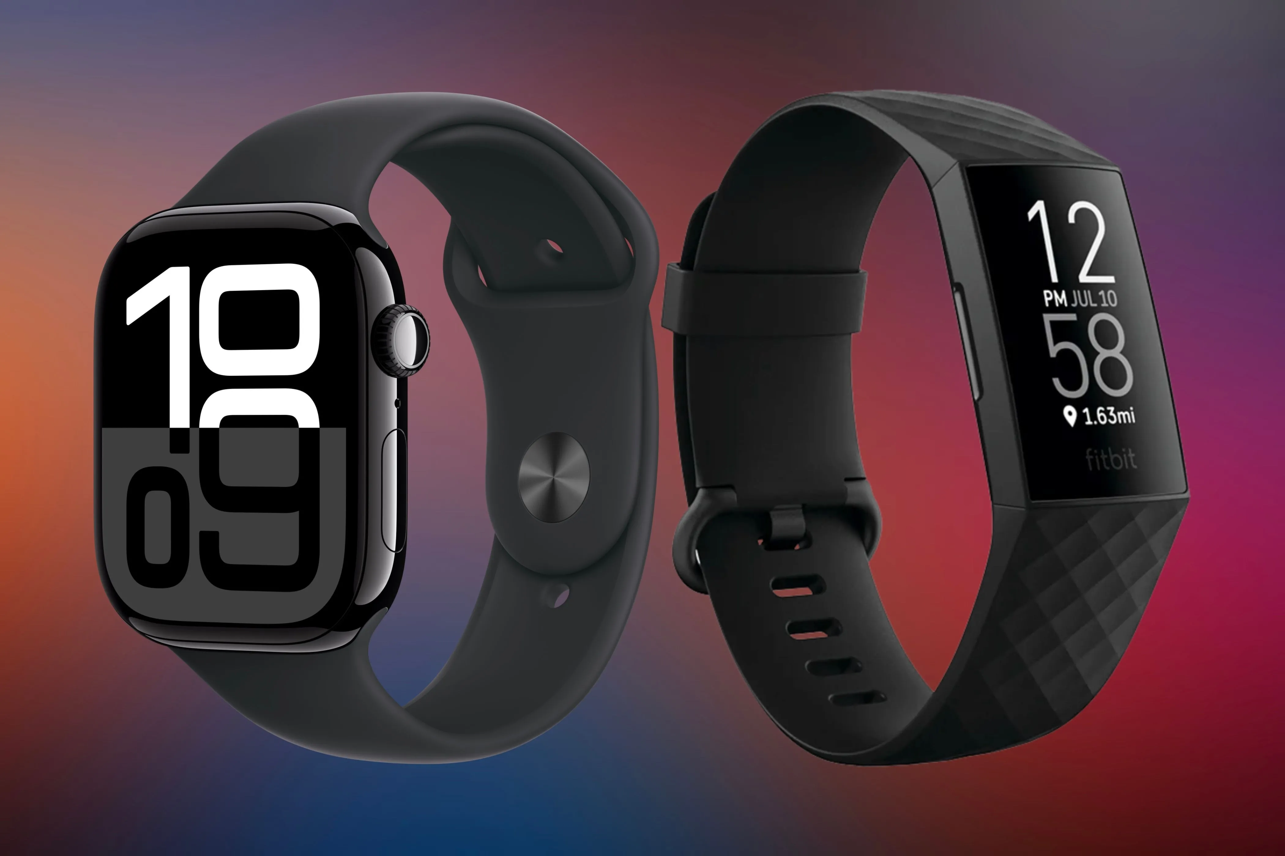 Apple Watch và Fitbit đặt cạnh nhau trên nền màu sắc, thể hiện khả năng tương thích của ứng dụng Challenges với nhiều thiết bị theo dõi hoạt động.