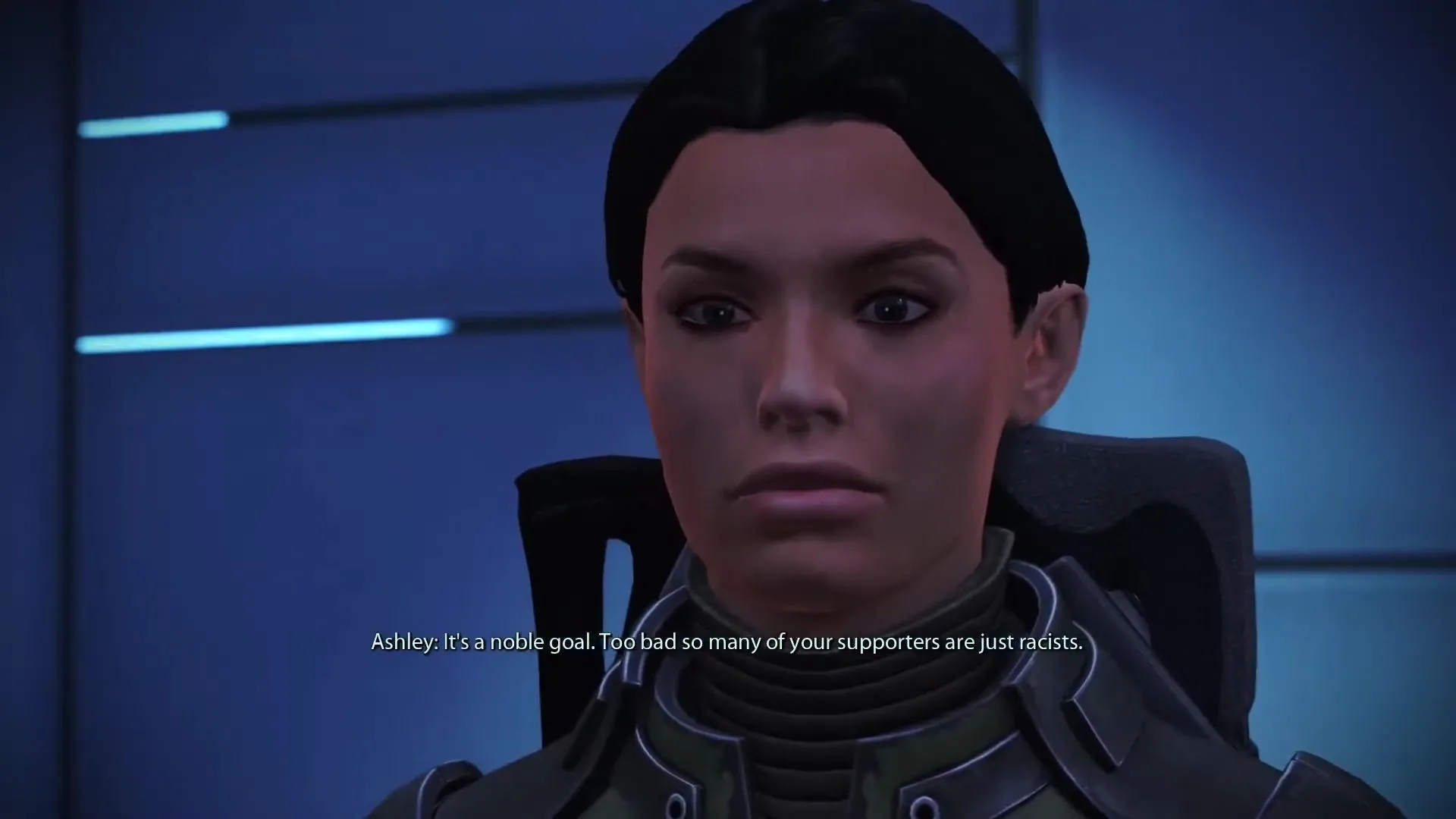 Ashley Williams trong Mass Effect, minh họa sự phát triển nhân vật tích cực hoặc tiêu cực dựa trên lựa chọn lãng mạn của người chơi.