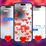 Ba chiếc iPhone hiển thị các hiệu ứng tin nhắn iMessage khác nhau với hình trái tim xung quanh, minh họa cách tạo tin nhắn lãng mạn trên iMessage.