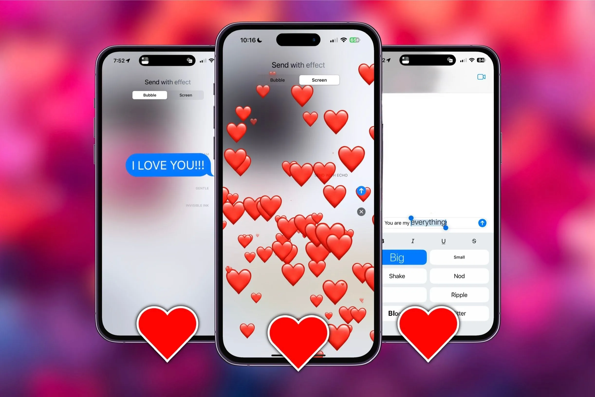 Ba chiếc iPhone hiển thị các hiệu ứng tin nhắn iMessage khác nhau với hình trái tim xung quanh, minh họa cách tạo tin nhắn lãng mạn trên iMessage.