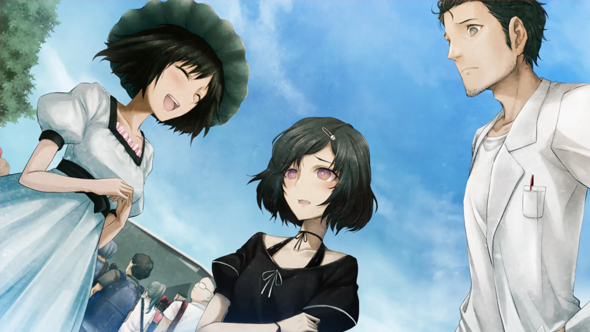 Ba nhân vật trò chuyện tại một địa điểm công cộng trong Steins;Gate, minh họa lối kể chuyện hấp dẫn của tựa game visual novel du hành thời gian này.