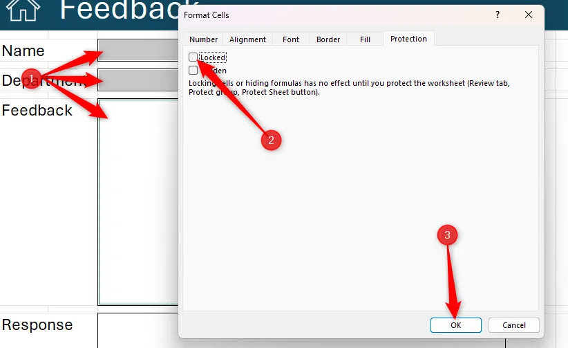 Ba ô được chọn trong Excel và tùy chọn &quot;Locked&quot; (Khóa) được bỏ chọn trong tab Protection của hộp thoại Format Cells để mở khóa.