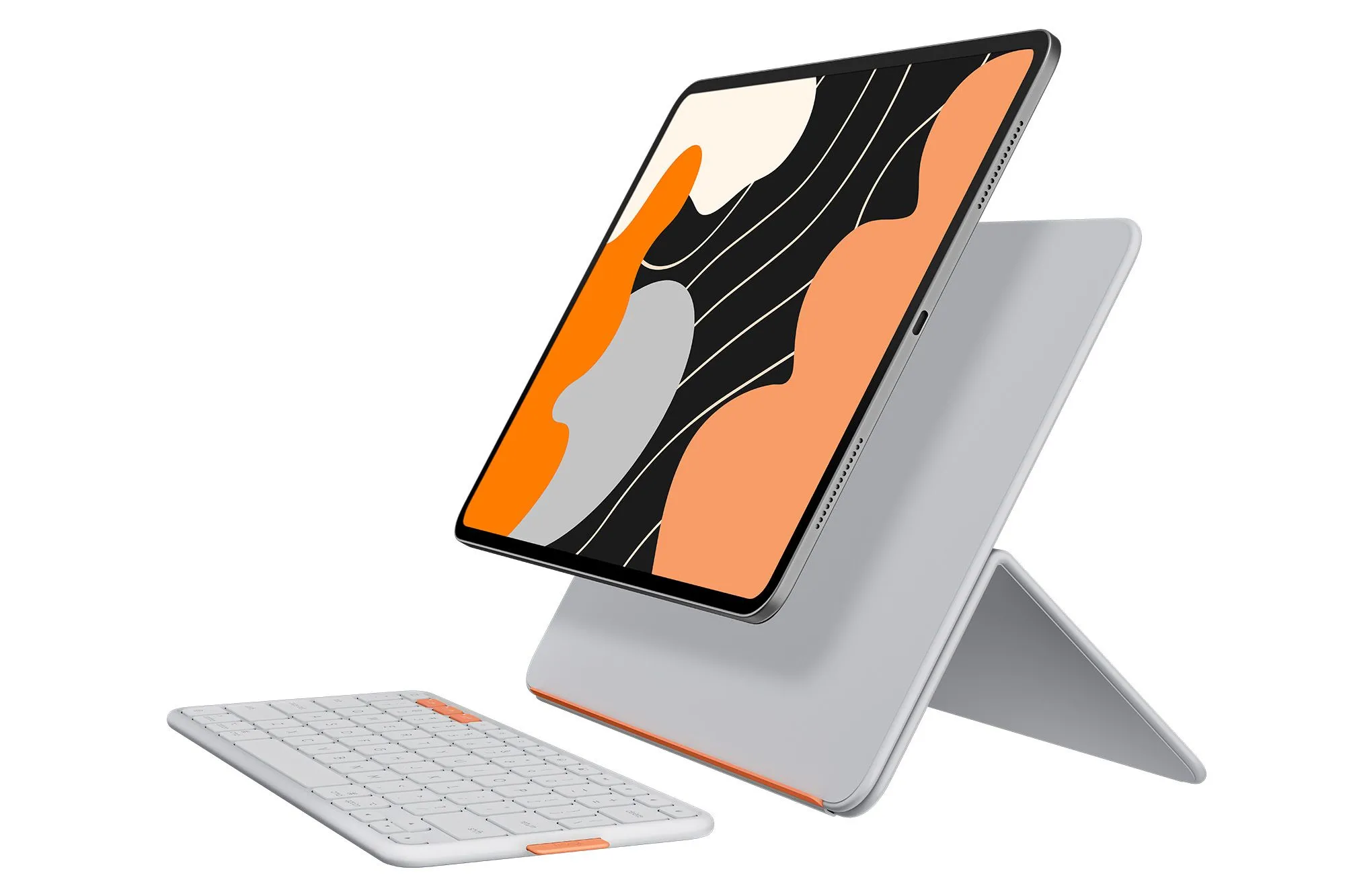 Bàn phím Logitech Flip Folio màu xám nhạt cùng chân đế đa năng và iPad, minh họa thiết kế tách rời và linh hoạt