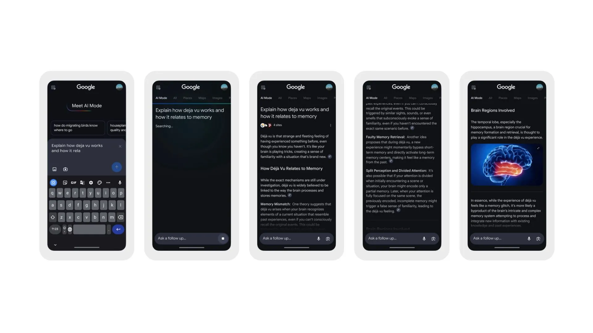 Bản xem trước của Chế độ AI Mode trong Google Search, minh họa tổng quan AI đầy đủ trang và các câu hỏi gợi ý.