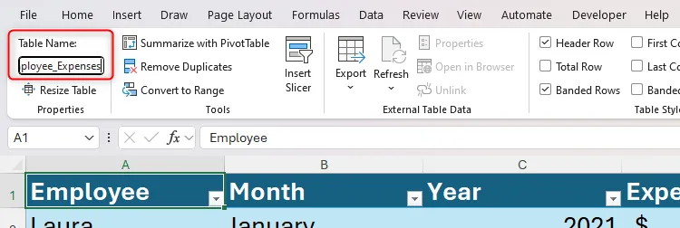 Bảng dữ liệu trong Excel được đổi tên thành &quot;Employee_Expenses&quot; tại tab Design giúp quản lý dữ liệu hiệu quả.