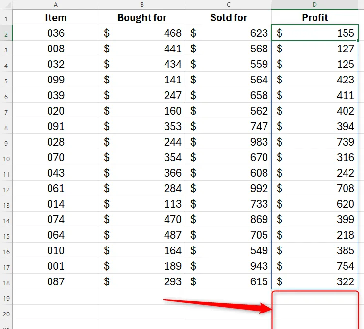 Bảng tính Excel với công thức đã được TRIMRANGE cắt gọn, loại bỏ các ô tính toán trống thừa ở cuối, giúp bảng tính gọn gàng hơn.