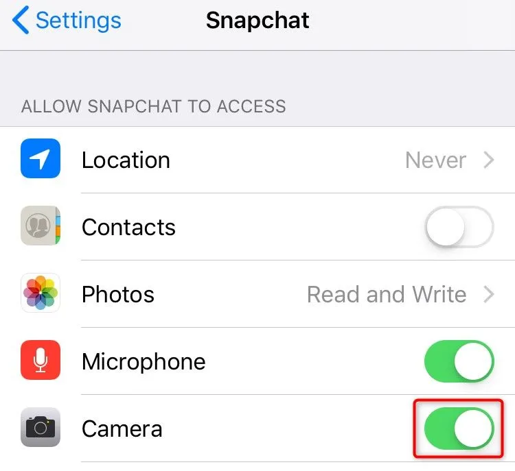 Bật công tắc quyền truy cập Camera cho Snapchat trên iPhone
