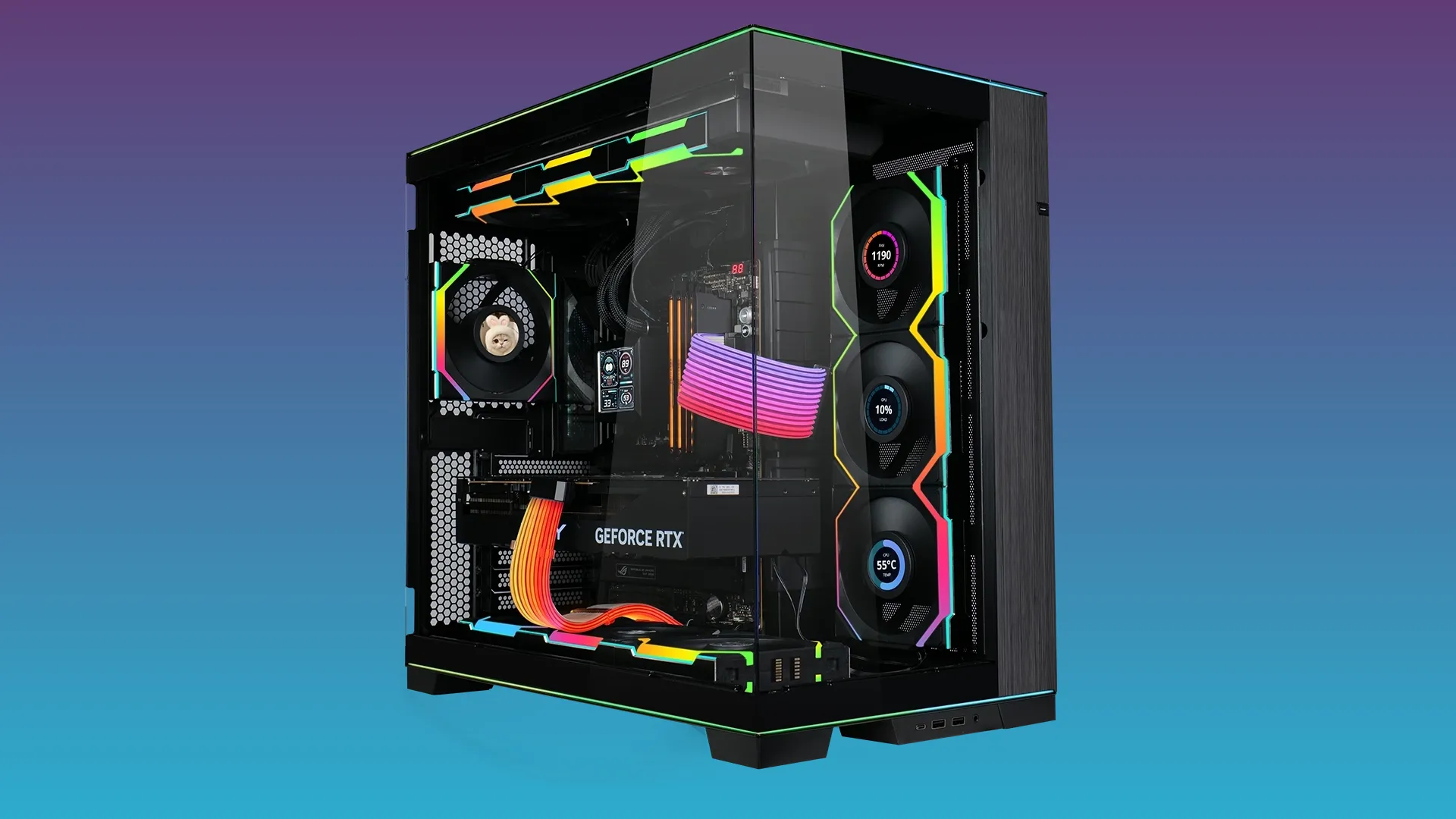 Bảy quạt Lian Li UNI Fan SL - LCD Wireless 120 được gắn trong vỏ case, hiển thị hiệu ứng RGB bắt mắt và màn hình LCD trên hub quạt.