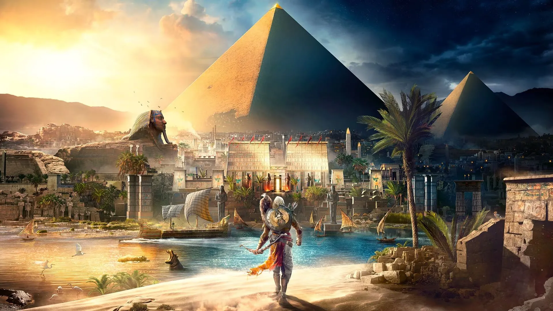Bayek cưỡi lạc đà giữa khung cảnh sa mạc Ai Cập cổ đại trong Assassin's Creed Origins