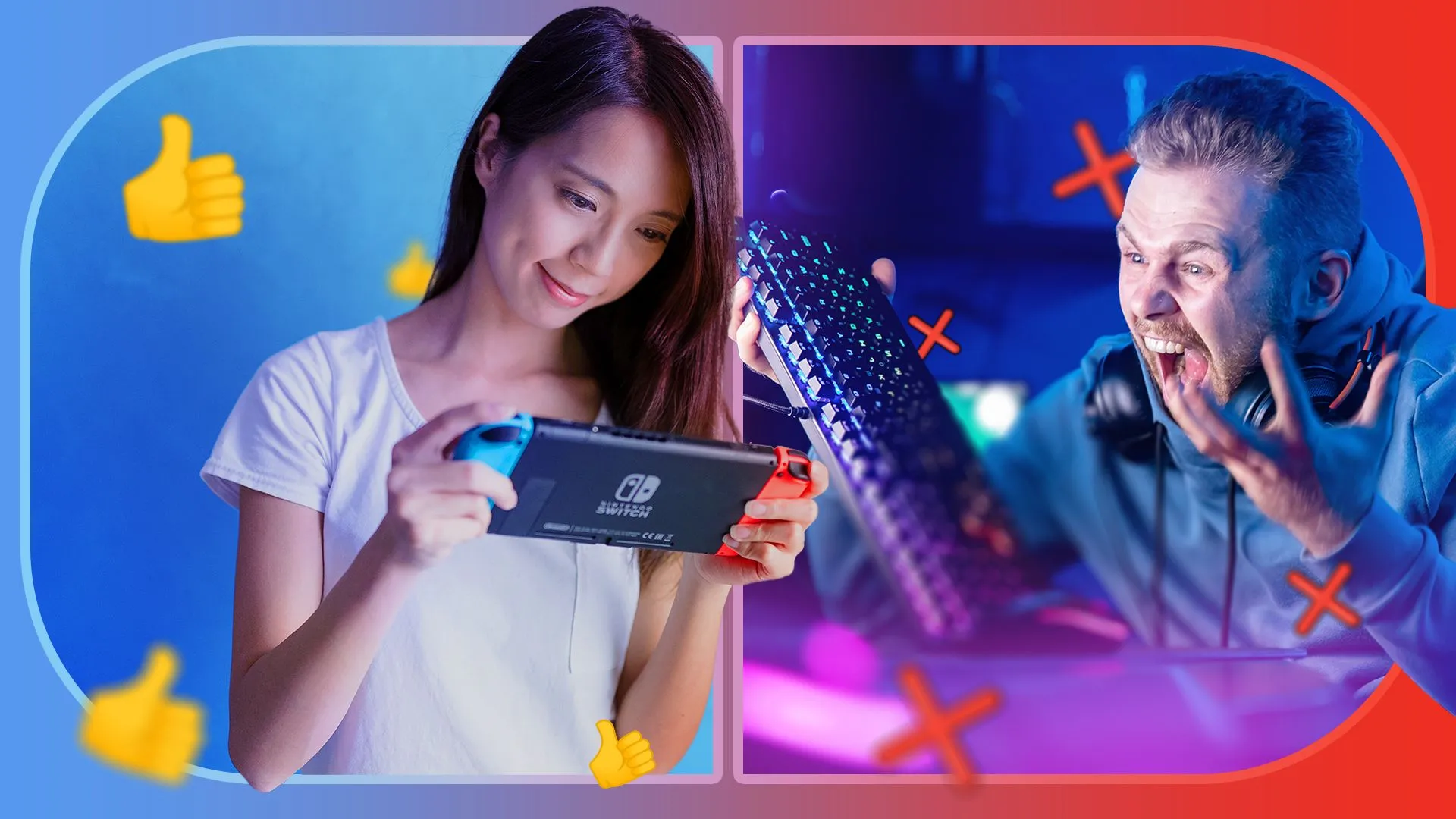 Bên trái là người phụ nữ chơi Nintendo Switch thư giãn, bên phải là người đàn ông tức giận ôm bàn phím PC, minh họa sự khác biệt về môi trường chơi game