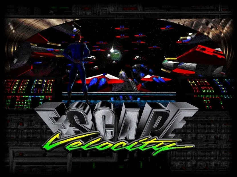 Bìa đĩa game Escape Velocity cho Macintosh, minh họa một tàu vũ trụ đang bay trong không gian với các thiên thể và hiệu ứng ánh sáng, đại diện cho game nhập vai không gian.