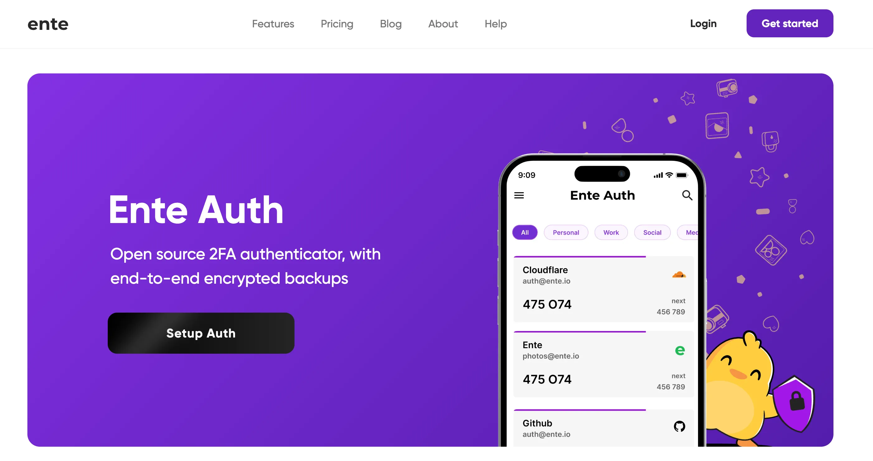 Biểu ngữ trang chủ của Ente Auth với hình ảnh điện thoại và máy tính, minh họa tính năng đa nền tảng.