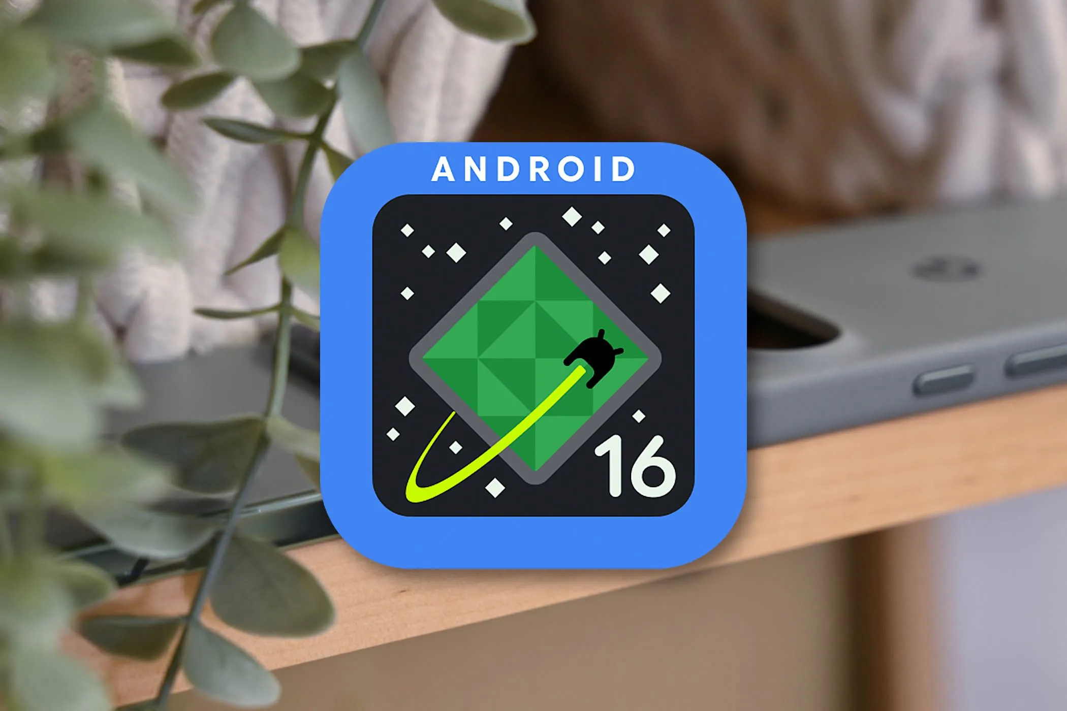 Biểu tượng Android 16 Developer Preview trên màn hình một chiếc điện thoại Pixel