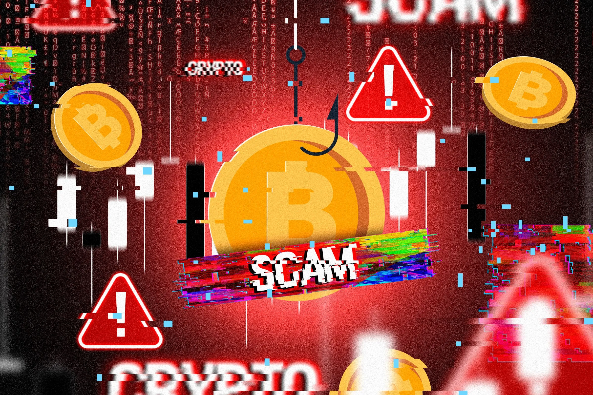 Biểu tượng Bitcoin trên lưỡi câu với các cảnh báo, thể hiện chiêu trò lừa đảo tiền điện tử và crypto scam.
