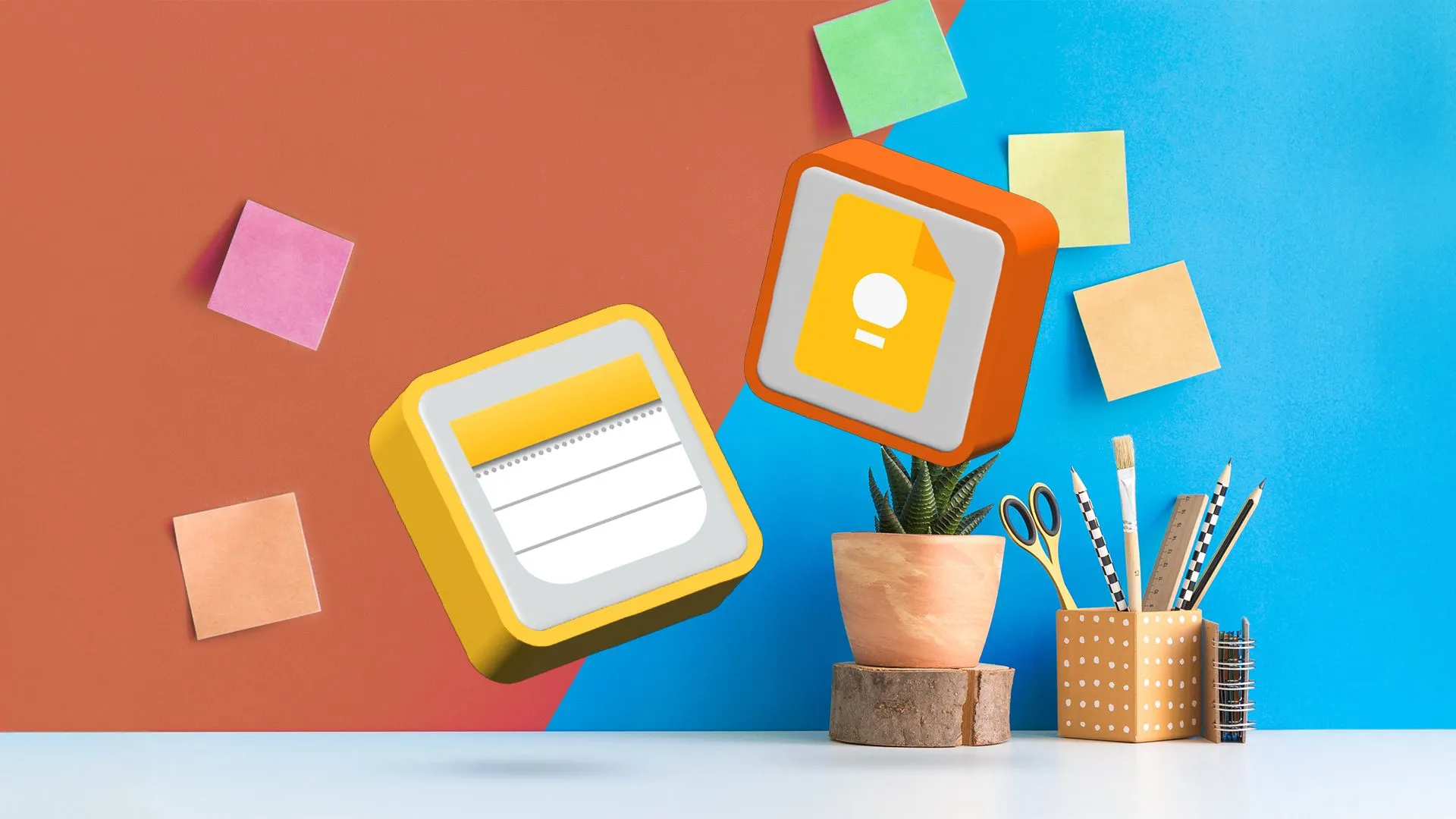 Biểu tượng ứng dụng Apple Notes và Google Keep, cùng với một số ghi chú nằm rải rác trên nền, tượng trưng cho các công cụ ghi chú thông minh.
