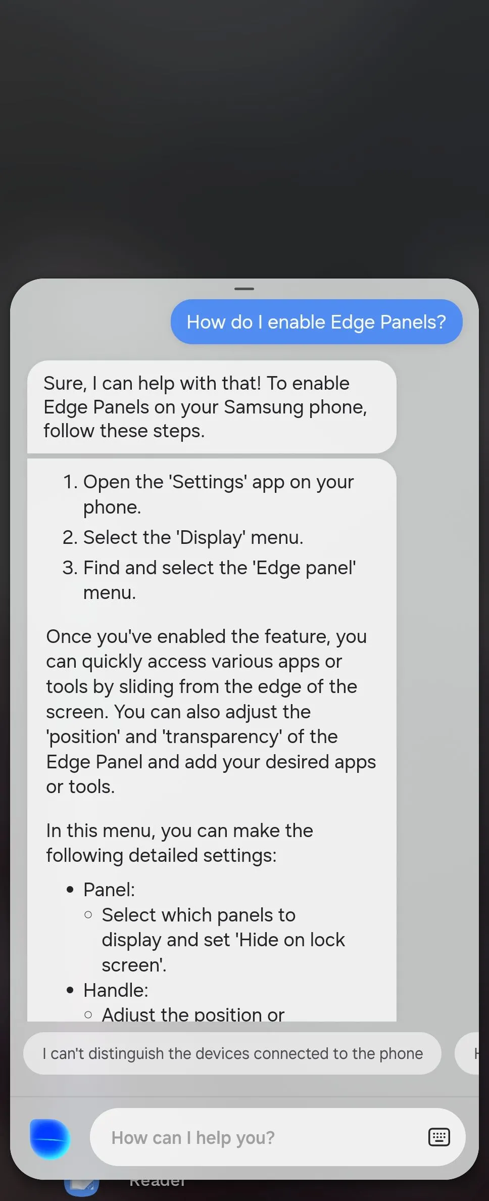 Bixby hướng dẫn bật Edge Panels trên giao diện cài đặt điện thoại Samsung