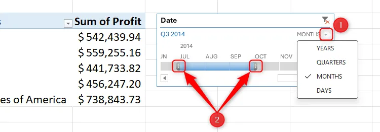 Bộ lọc Timeline trong PivotTable Excel được cài đặt theo tháng, cho phép điều chỉnh khoảng thời gian hiển thị dữ liệu.