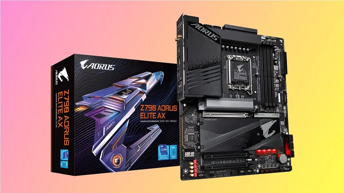 Bo mạch chủ GIGABYTE Z790 AORUS Elite AX nổi bật trên nền hồng và vàng, thể hiện dòng mainboard tầm trung lý tưởng.