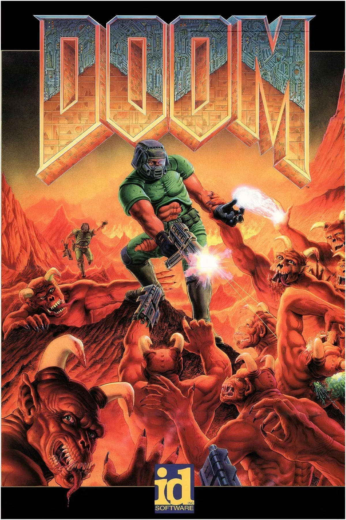 Bộ sưu tập các ảnh chụp màn hình từ game DOOM (1993), thể hiện lối chơi bắn súng hành động góc nhìn thứ nhất.