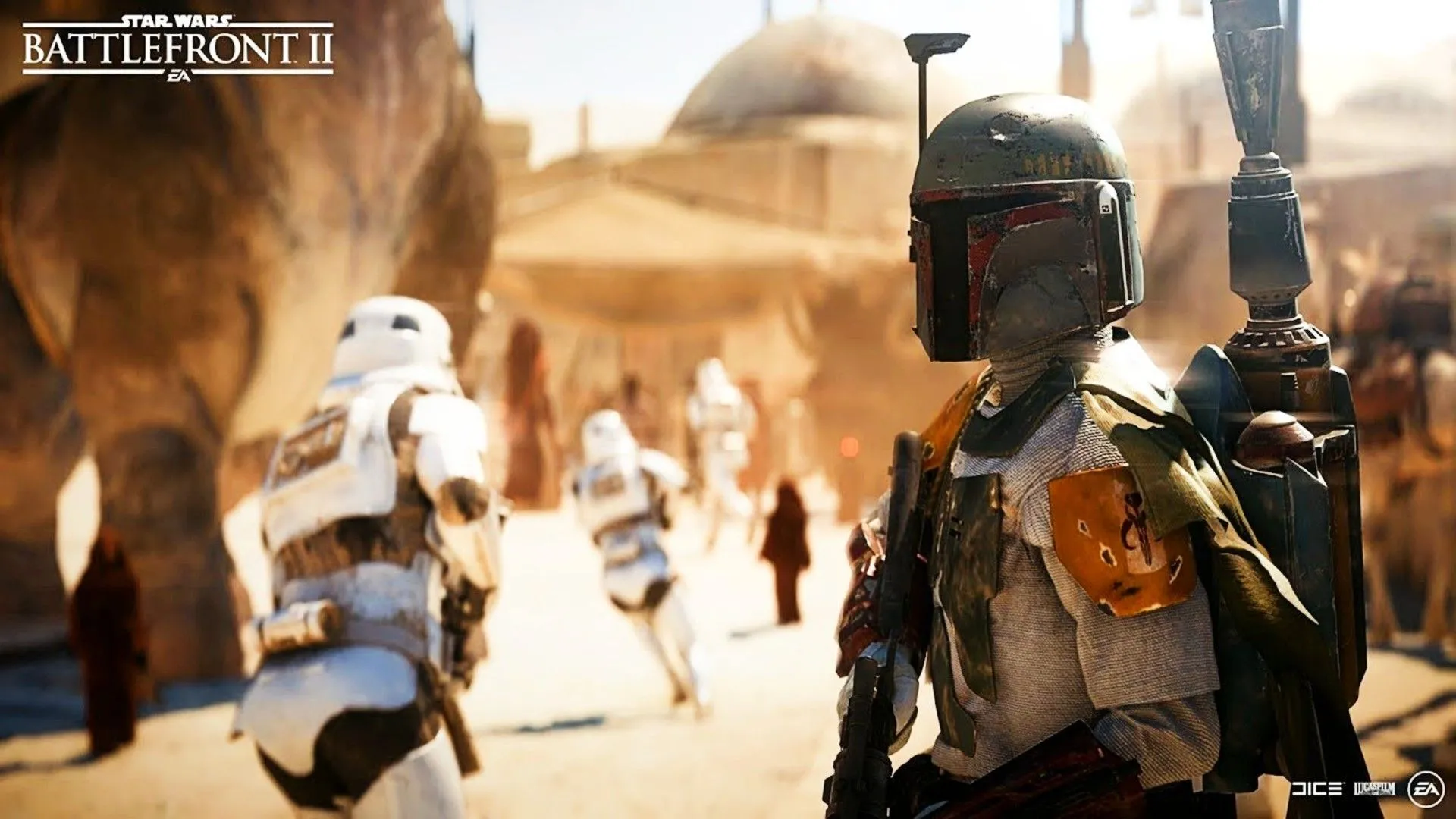 Boba Fett đứng cạnh các Stormtrooper tháo chạy trong Star Wars Battlefront 2, tượng trưng cho chi phí cấp phép IP Star Wars đắt đỏ.