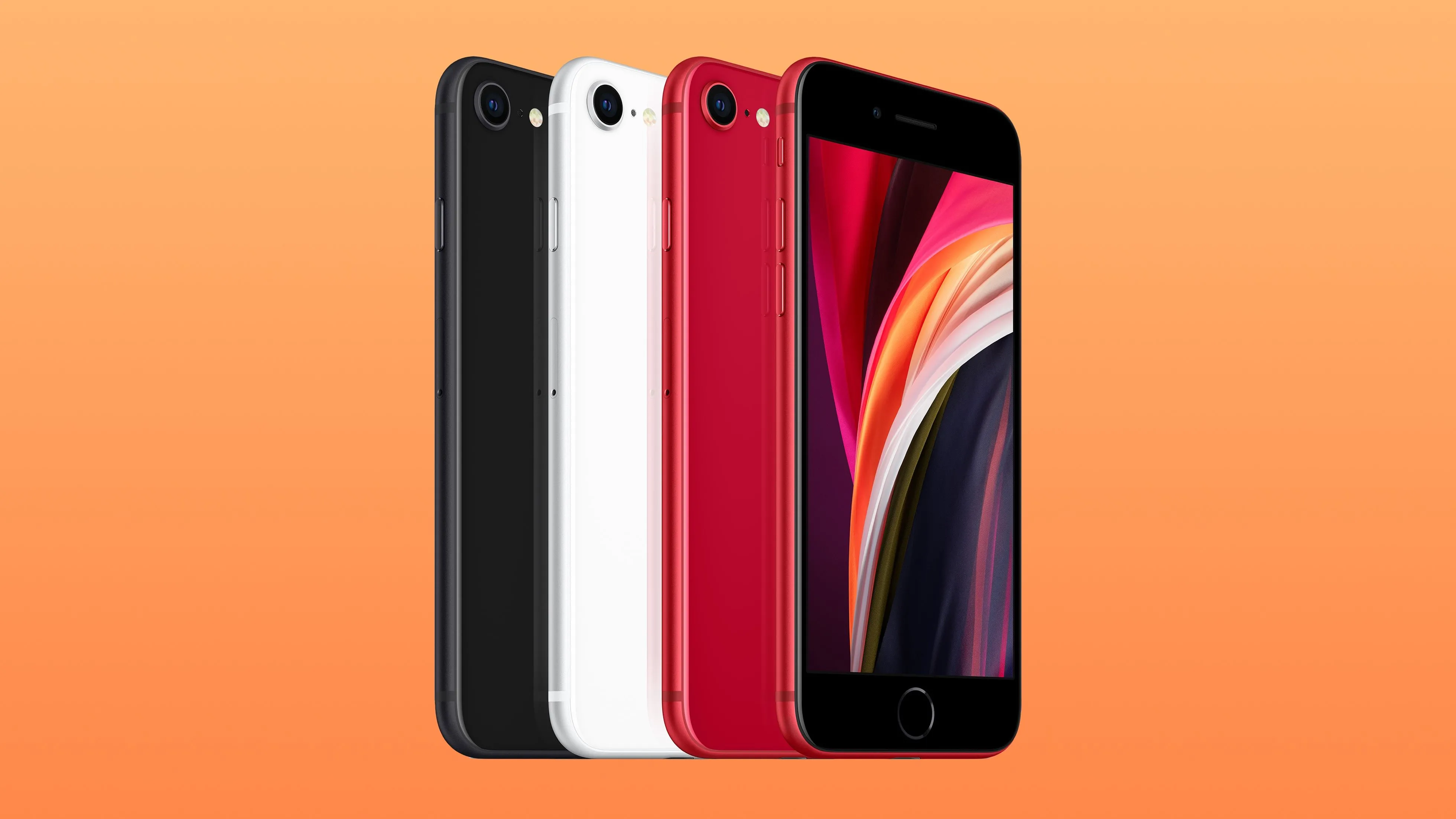 Bốn chiếc iPhone SE thế hệ thứ hai năm 2020 hiển thị các màu sắc từ góc nhìn bên