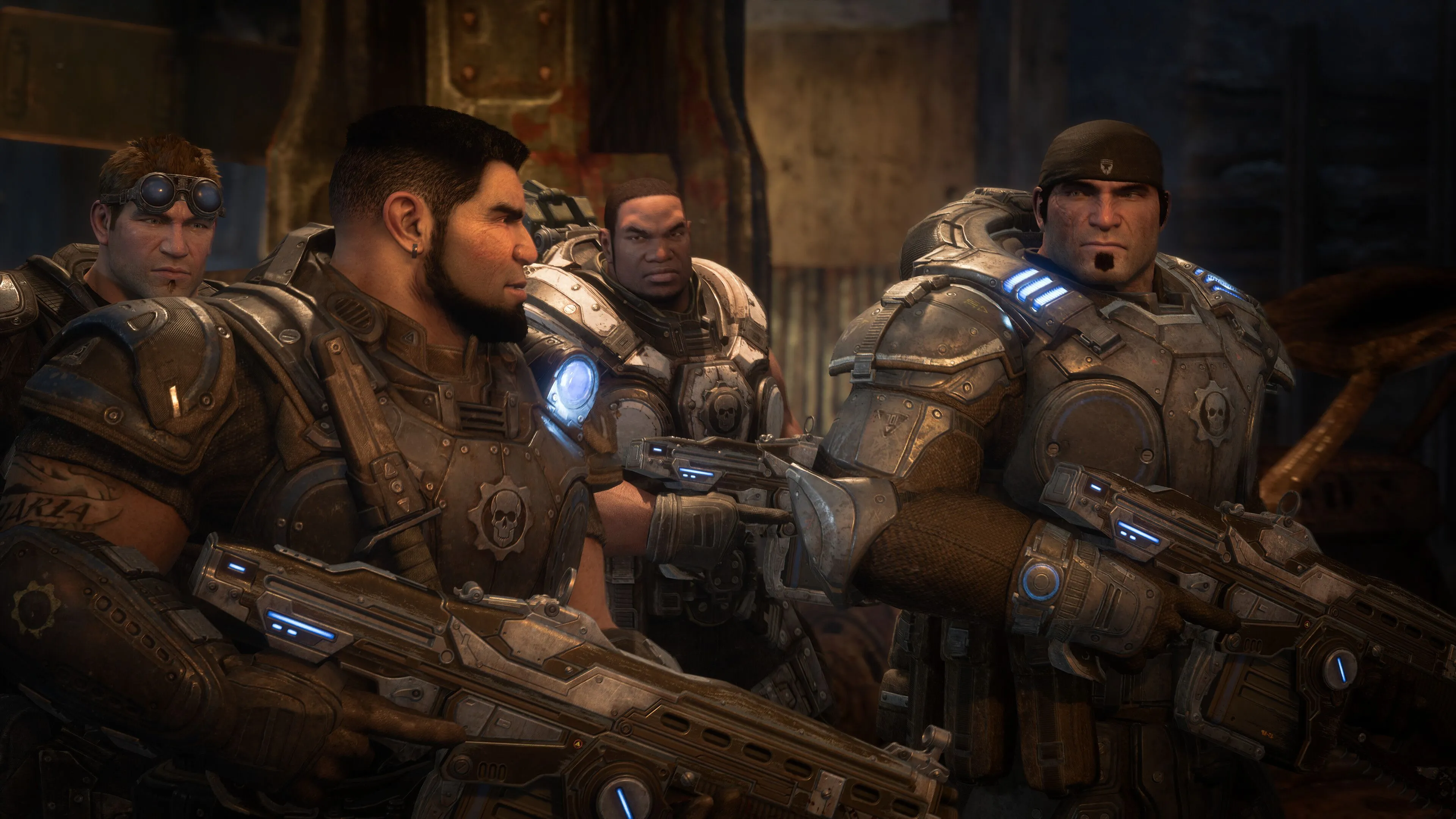 Bốn thành viên của đội Delta-One trong game Gears of War đang chiến đấu trong môi trường đổ nát