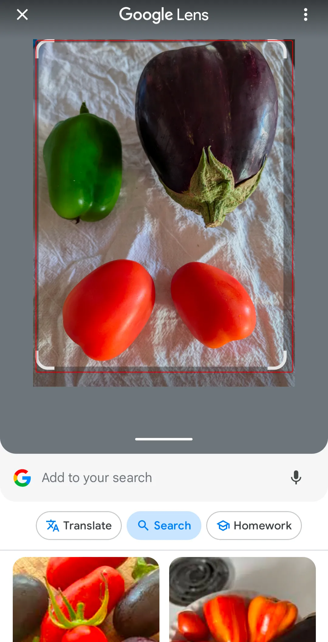 Các loại rau củ quả tươi đang được quét bằng Google Lens để tìm công thức nấu ăn