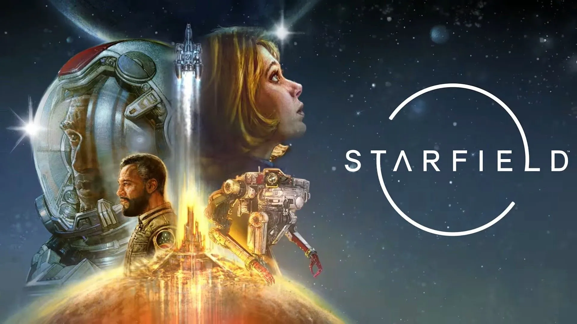 Các nhân vật của Starfield đứng gần tàu vũ trụ cất cánh trên hành tinh xa lạ, khám phá vũ trụ bao la.