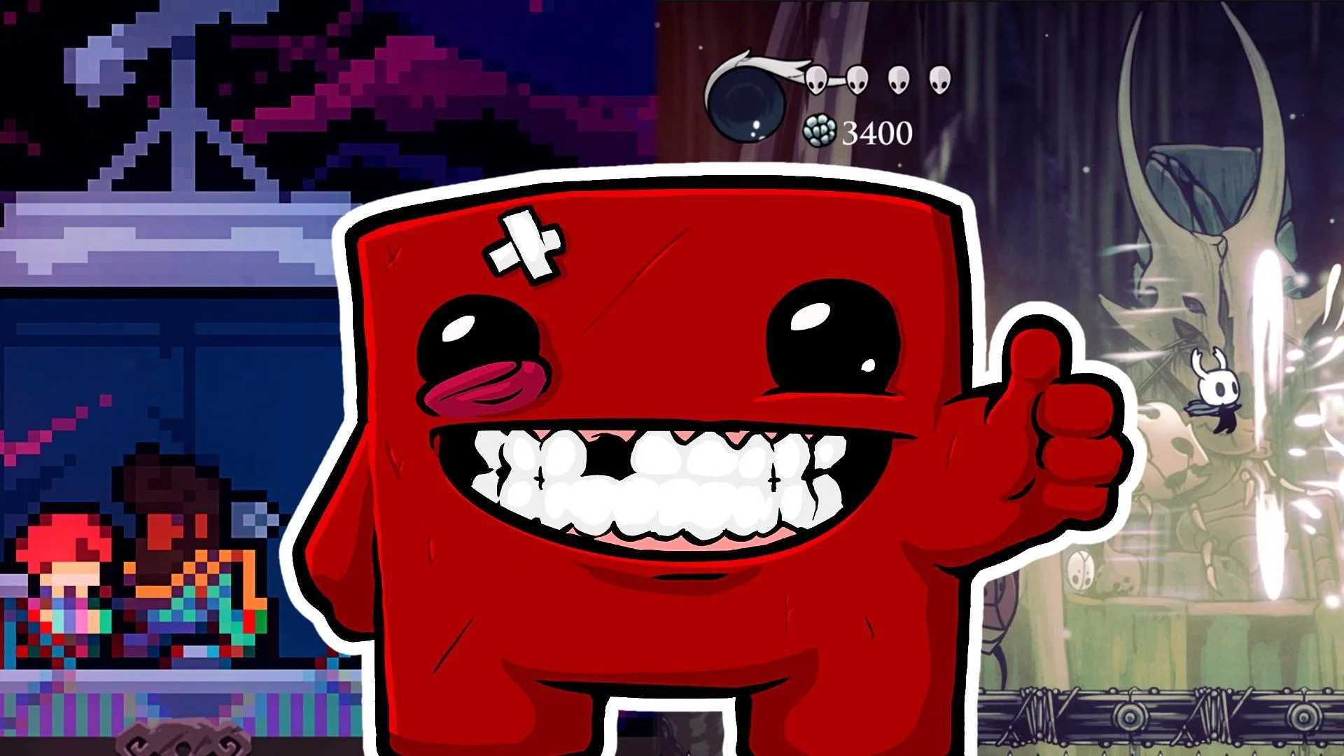 Các nhân vật game indie nổi tiếng Super Meat Boy, Hollow Knight và Celeste, đại diện cho sự phong phú và thành công của thể loại này
