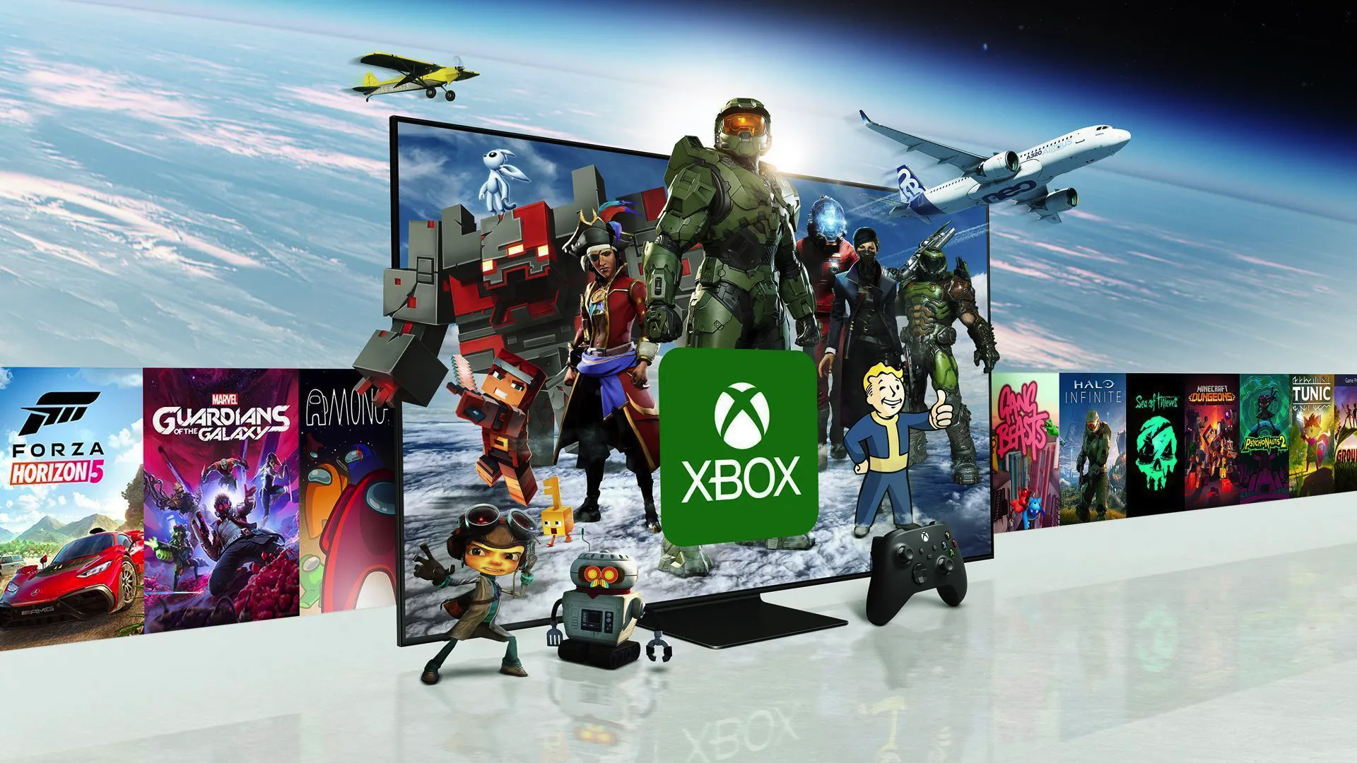 Các nhân vật game Xbox như Master Chief xuất hiện trên màn hình Smart TV Samsung, minh họa trải nghiệm Xbox Cloud Gaming trên nhiều thiết bị