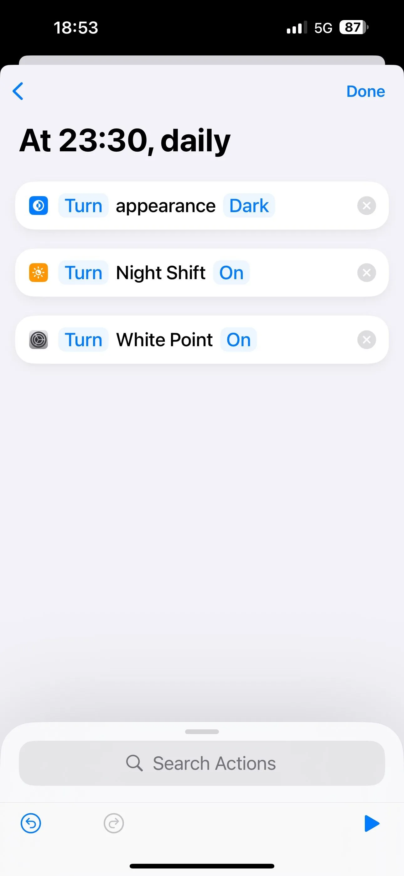 Các tác vụ &quot;Đặt Giao diện&quot;, &quot;Đặt Night Shift&quot; và &quot;Đặt Điểm Trắng&quot; được thêm vào tự động hóa Phím tắt.