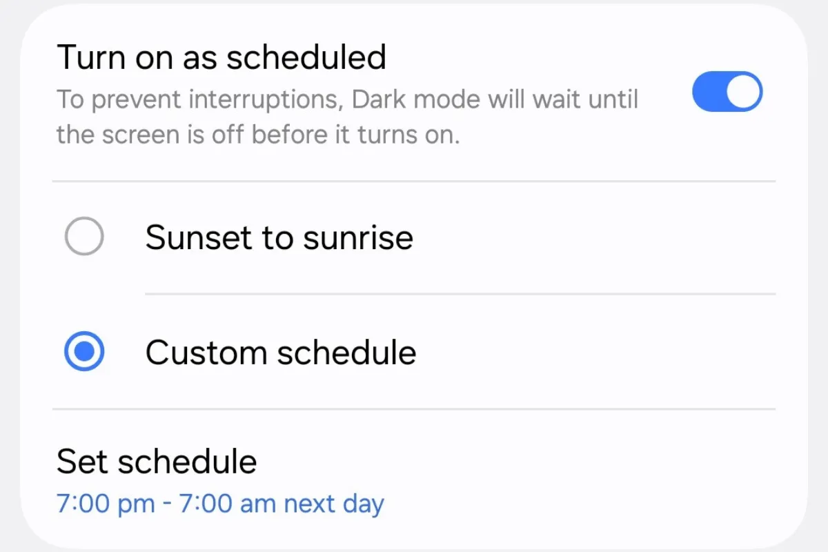 Các tùy chọn lên lịch bật chế độ tối (Dark Mode) tự động trên Samsung Galaxy S25