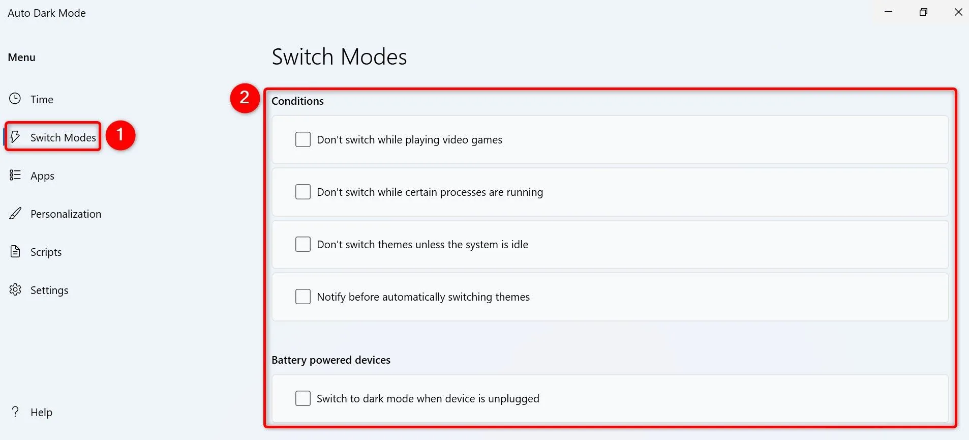 Các tùy chọn nâng cao để tùy chỉnh điều kiện chuyển đổi chế độ trong Auto Dark Mode.