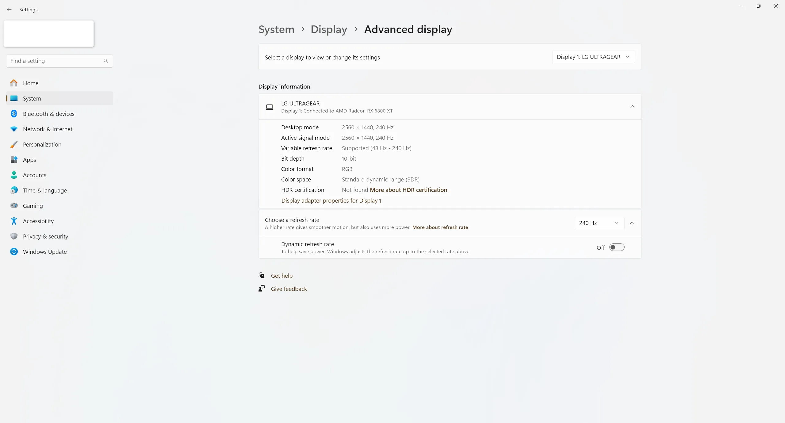 Cài đặt tần số quét màn hình trong Windows 11.