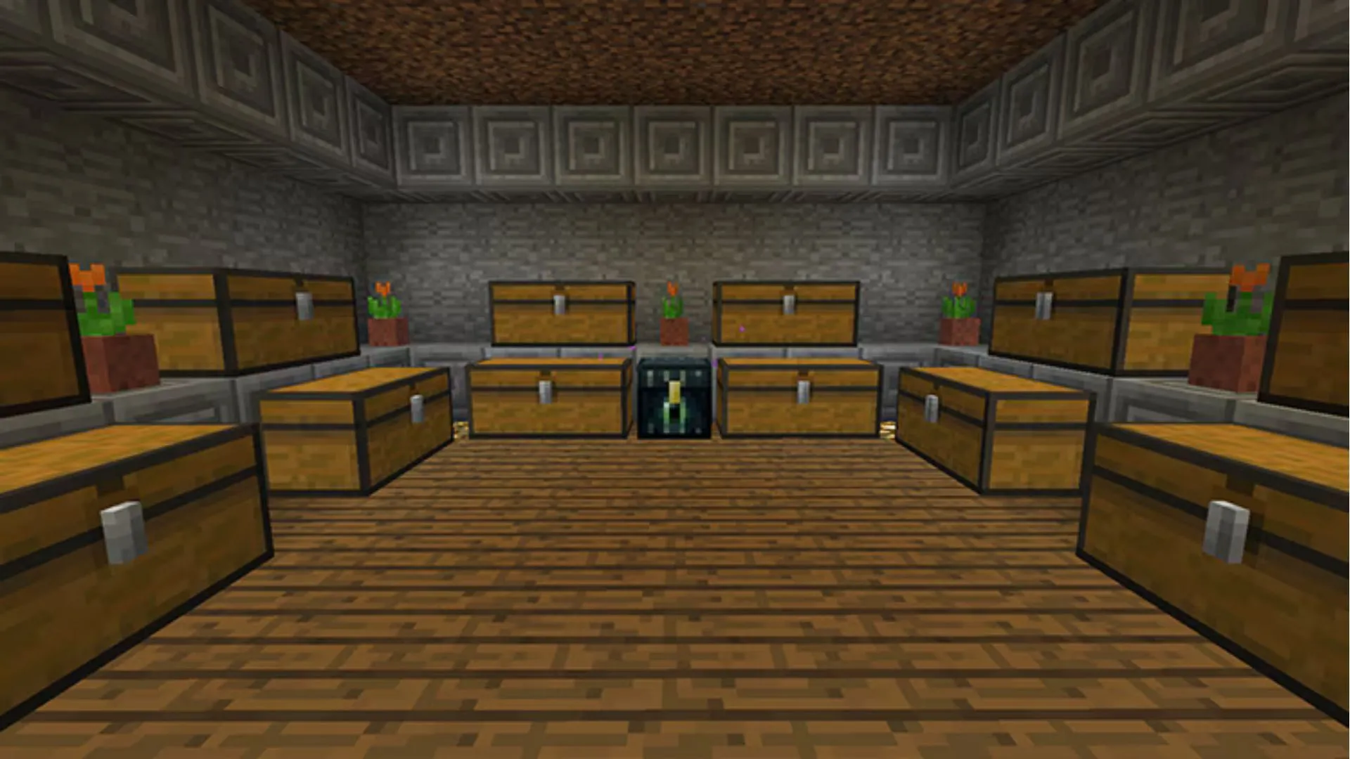 Căn phòng chứa đầy rương trong Minecraft.