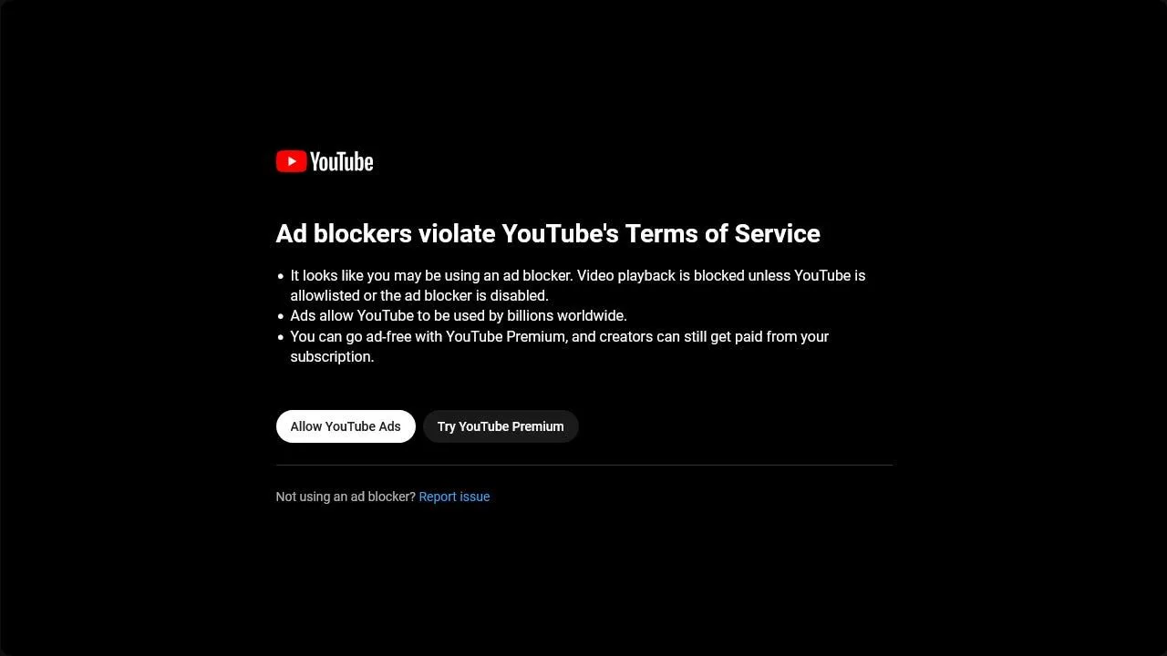 Cảnh báo của YouTube khi người dùng bật trình chặn quảng cáo.